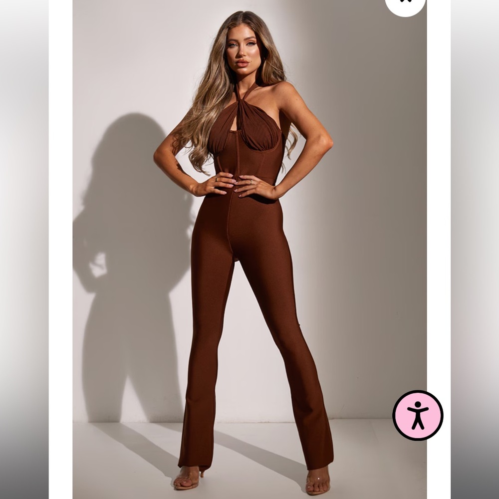 CHOCOLATE BANDAGE MESH HALTERNECK JUMPSUIT - Picture 1 of 5
